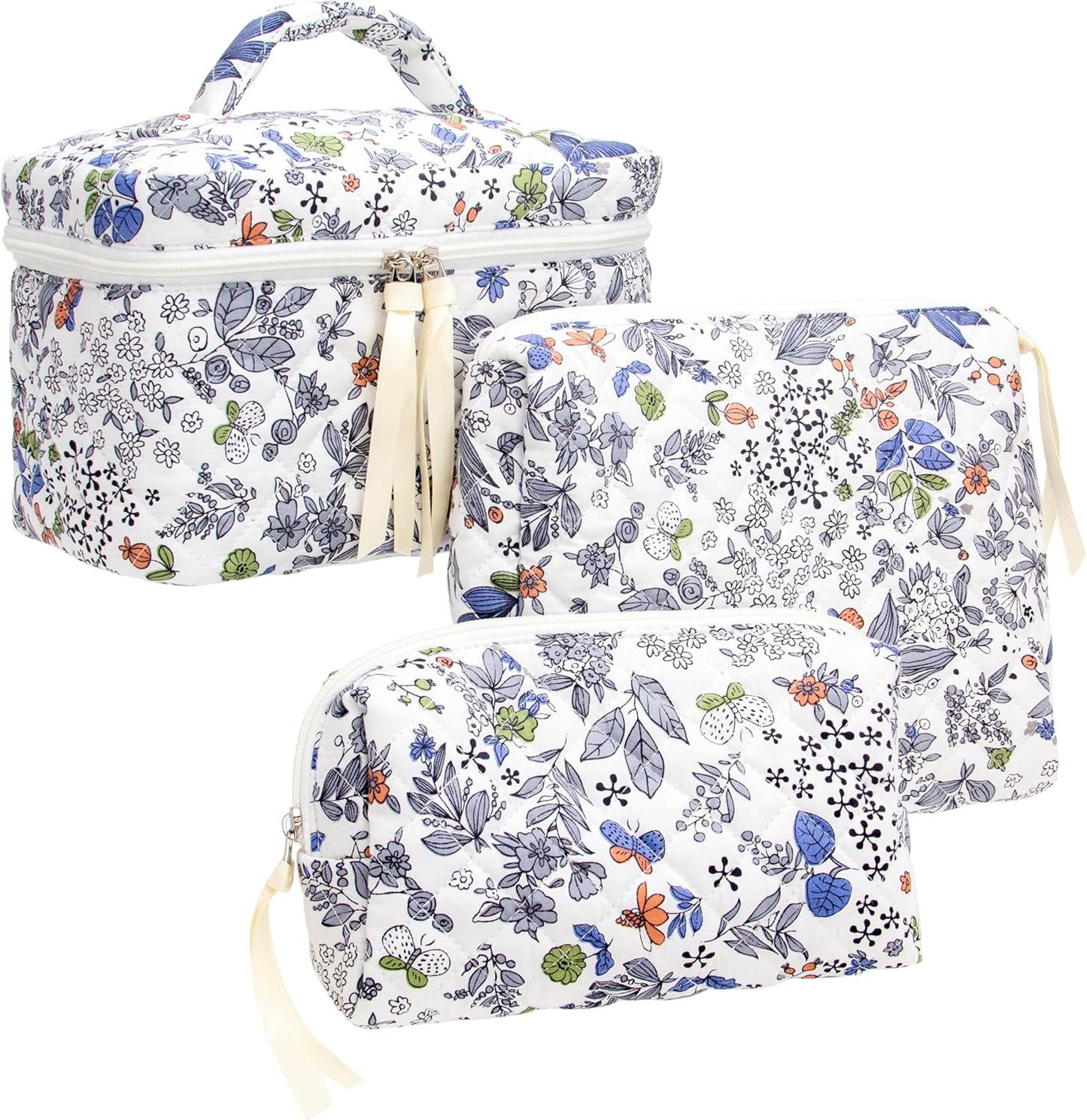 PAZIMIIK 3PCS Makeup Bag SET Large Travel Quilted Zipper Soft Cosmetic Case Pouch for Women Girls Make Up,Leaf White