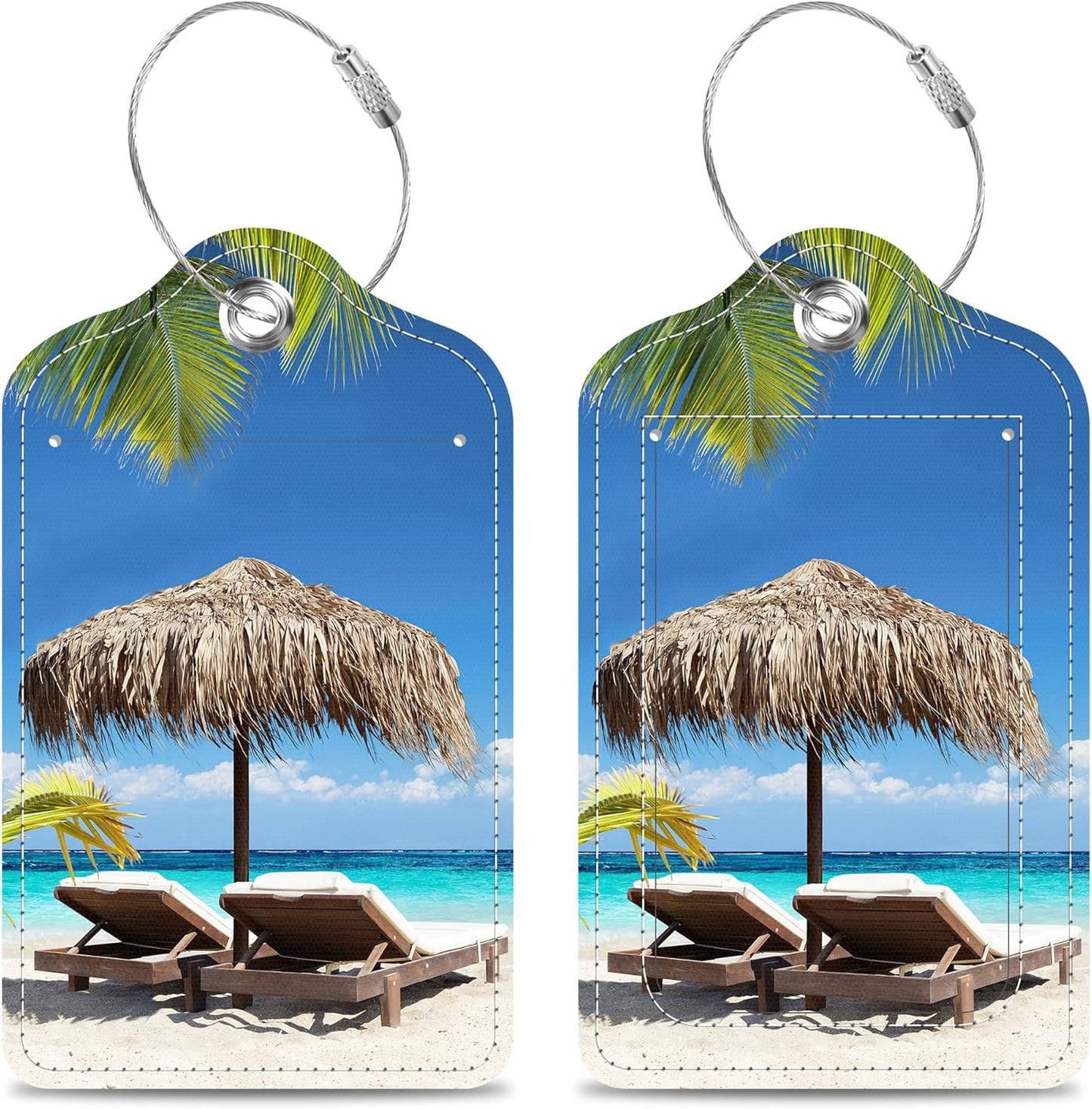 Set of 2 Luggage Tags Chairs and Umbrella in Palm Beach Leather Suitcases Tag with Privacy Cover Stainless Steel Loop and Address Card for Women Men Travel