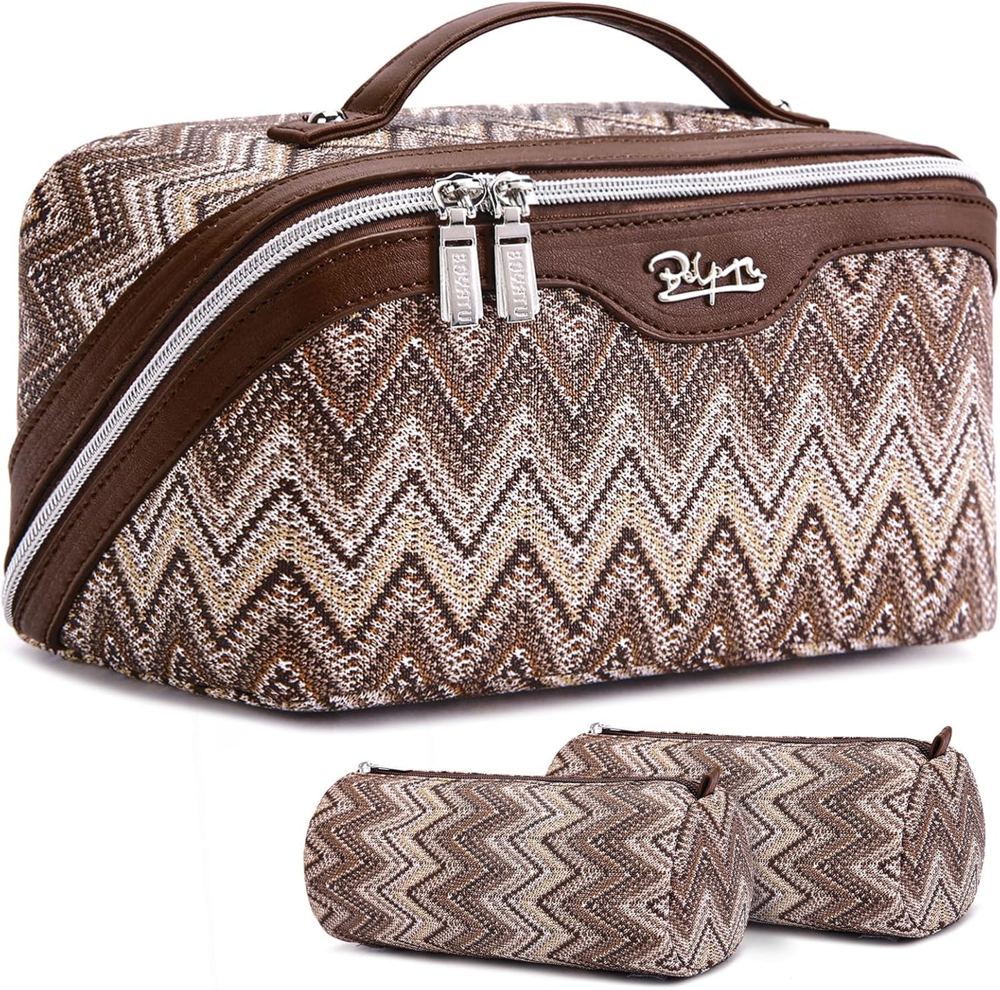 BOYATU Travel Makeup Bag for Women: Western Boho Make up Bag Set of 3 - Large Capacity Vegan Leather Cosmetic Bag - Waterproof Toiletry Bag with Compartments & Handle & Divider(J-2-Brown)