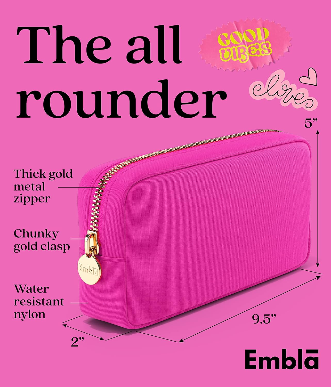 Embla Makeup Bag Travel Cosmetics Pouch and Toiletry Bag, Nylon Zipper Pouch Purse, Cute Make Up Organizer Storage Tote for Women Girls, Waterproof Travel Skincare Case, Small Makeup Bags, Fuchsia