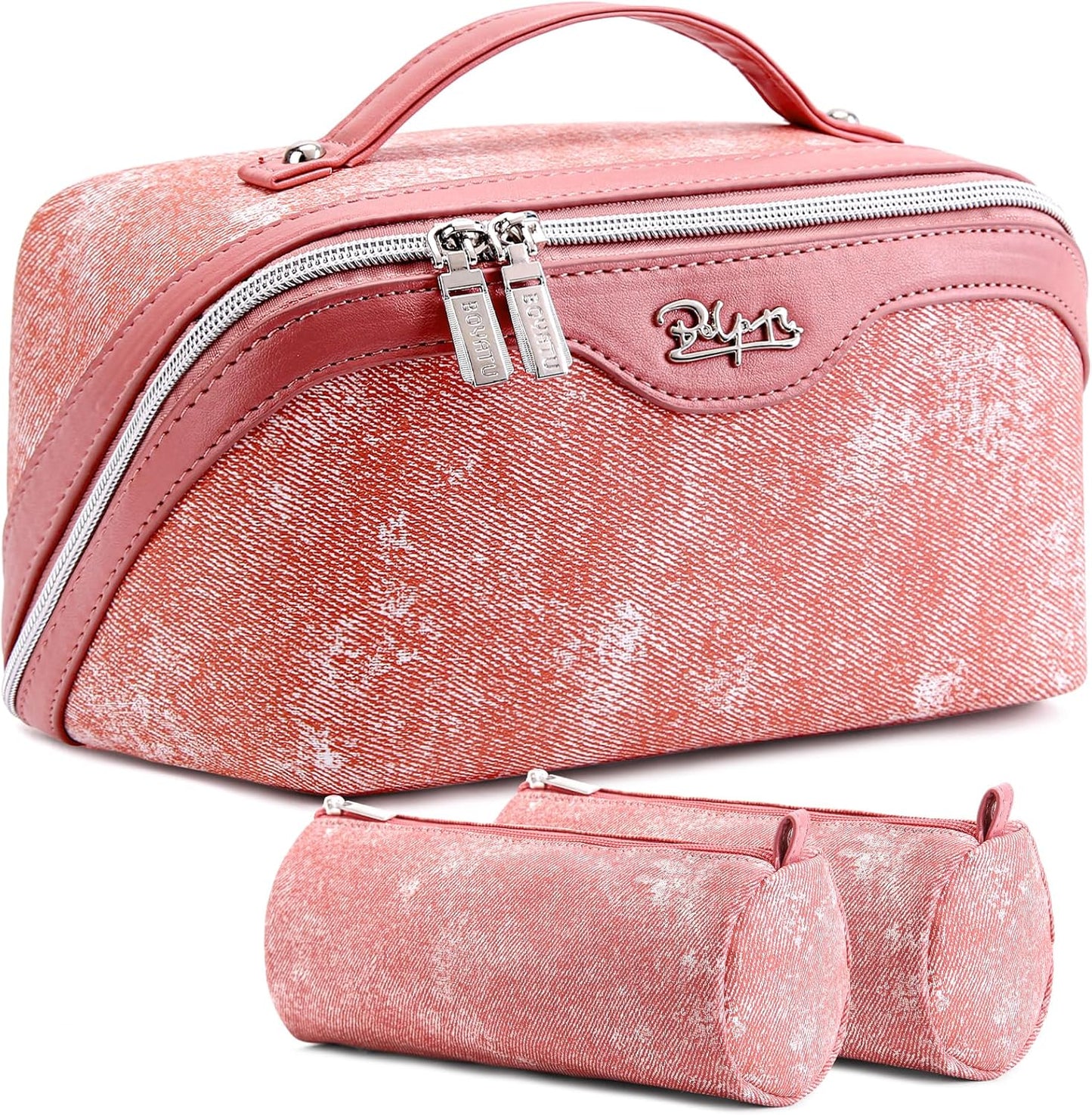 BOYATU Travel Makeup Bag Cosmetic Bags for Women: 3 Sets Large Capacity Make up Bag - Portable Toiletry Bags with Handle for Women(F-5-Rosy Red)