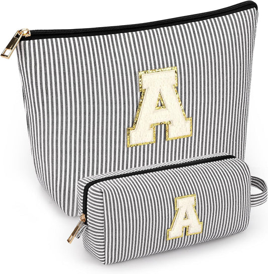 2 PCS Initial Makeup Bags for Women: Cosmetic Bag for Travel Toiletry - Birthday Gifts for 11 12 13 14 15 16 17 18 Years Old Girl Graduation Teacher Gift- Teen Girl Gifts Trendy Stuff - Black A