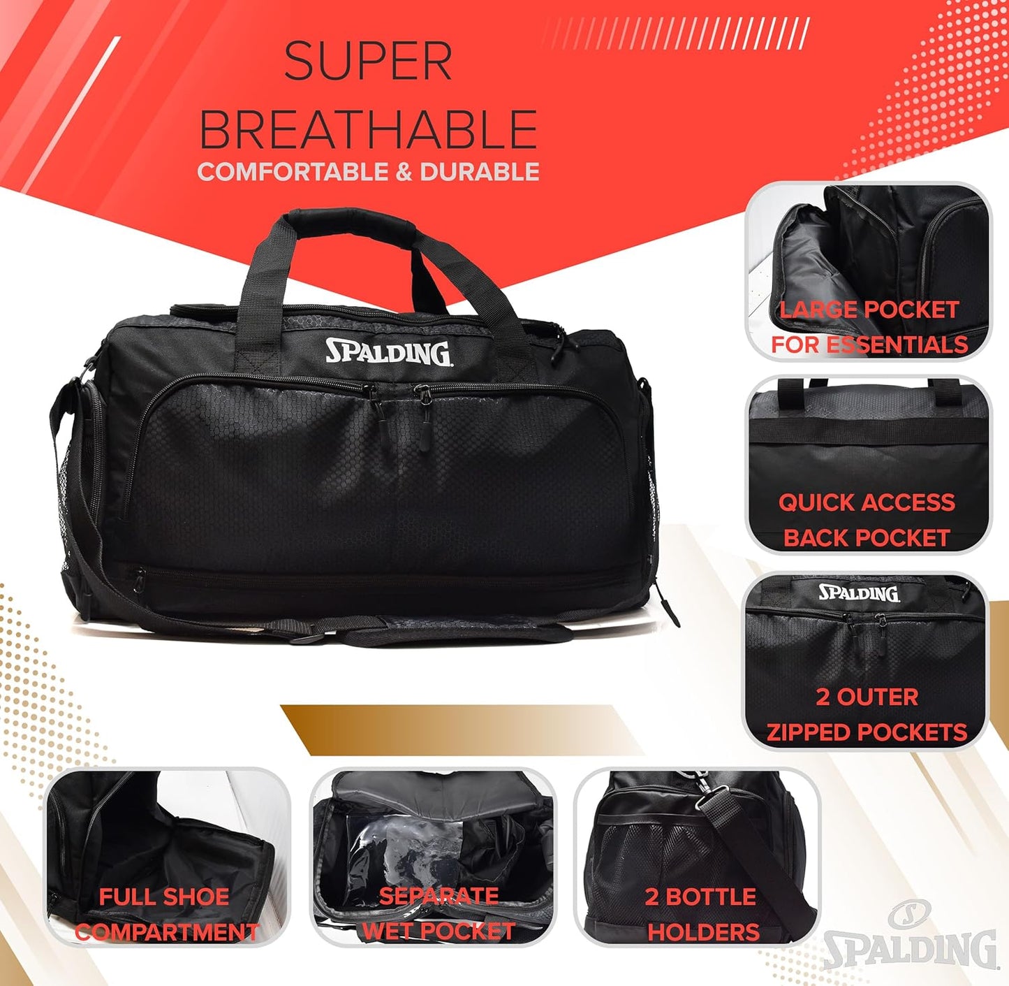 Spalding Gym Bag for Women and Men, Large Sports Duffle Bag with Shoe and Wet Pocket, 10 Zippered Compartments, Waterproof Workout Travel Bags with Adjustable Strap, Lightweight Fitness Duffel, Black