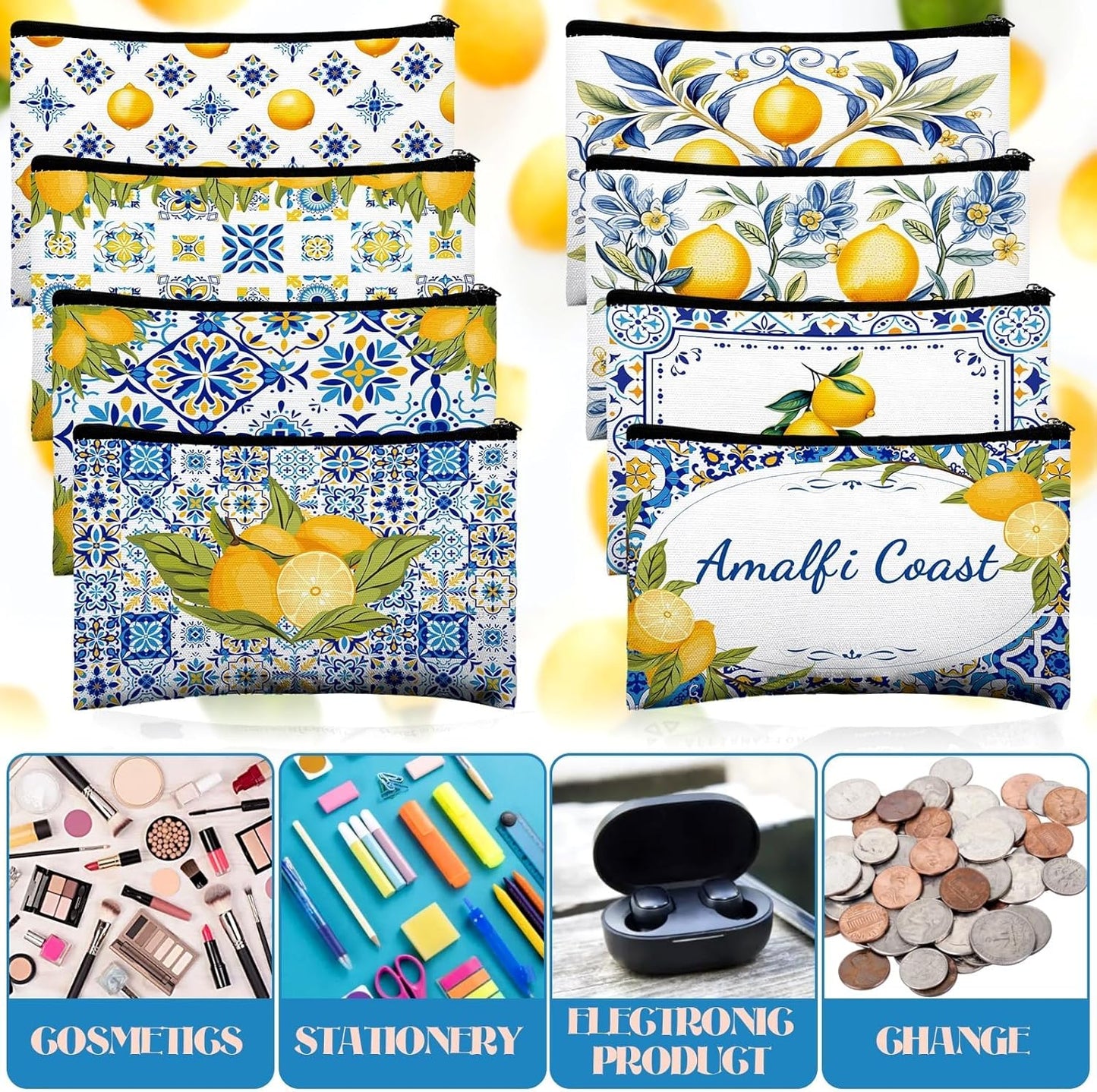 16 Pcs Lemon Cosmetic Bags Bulk for Women Lemon Canvas Makeup Bags Blue Tiles Zipper Pouches Italian Summer Fruit Travel Toiletry Bag Souvenir Gift for Bridesmaids Bachelorette Wedding Supplies