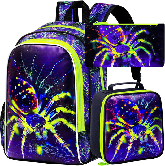 16" Backpack for Boys, 3Pcs Kids Spider Bookbag with Lunch Box, School Backpacks for Elementary Preschool Kindergarten (Green)