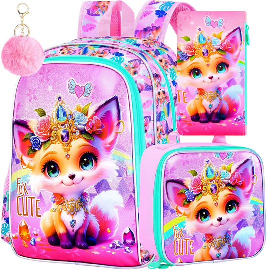 16" Backpack for Girls, 3Pcs Fox Kids Bookbag with Lunch Box，School Backpacks for Elementary Preschool Kindergarten (Pink)