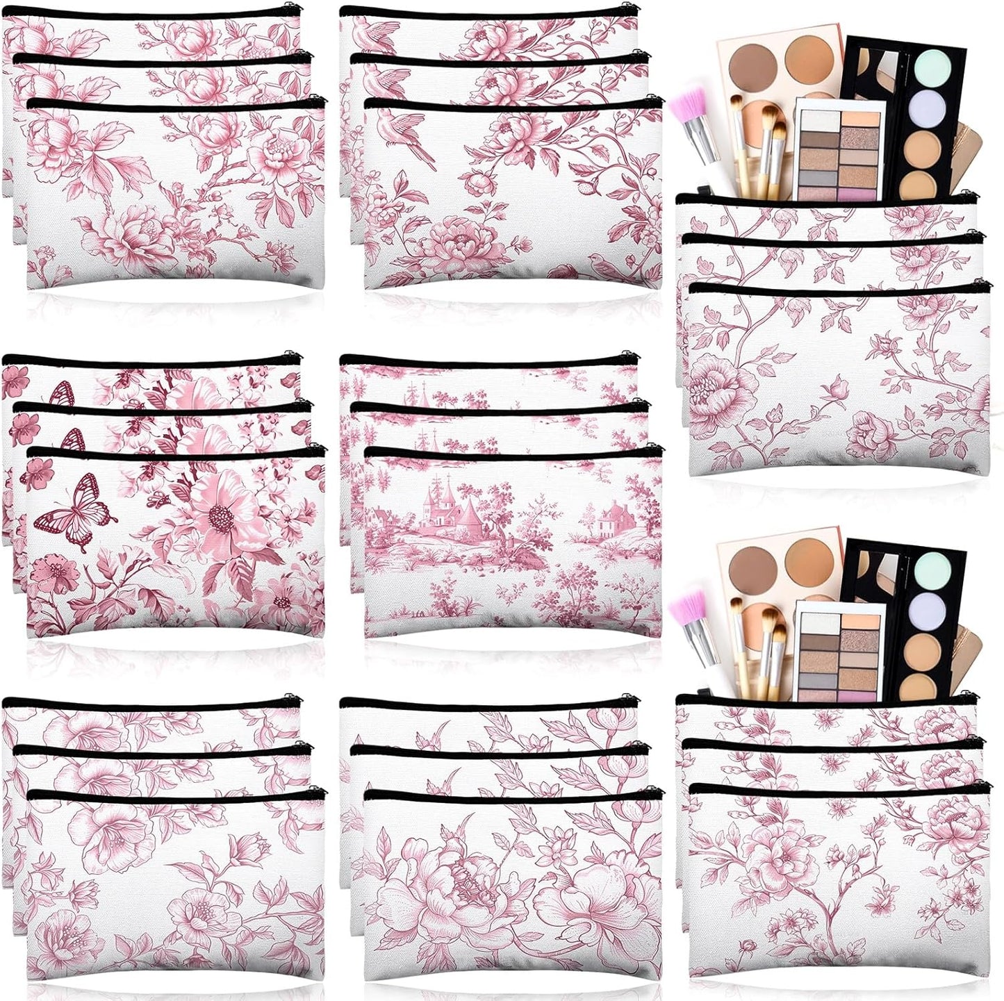 24 Pcs Floral Cosmetic Bags Bulk for Women Pink and White Floral Makeup Bags Chinoiserie Canvas Travel Zipper Pouches Aesthetic Toiletry Bag for Girls Bridesmaids Wedding Supplies
