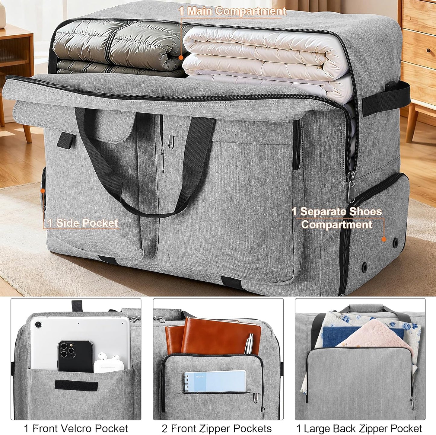Large Travel Duffle Bag for Men Women, 80L 100L 120L Foldable Waterproof Duffle Bag, Packable Bag with Shoes Compartment for Overnight Gym Weekender Bag (Gray, 80L)