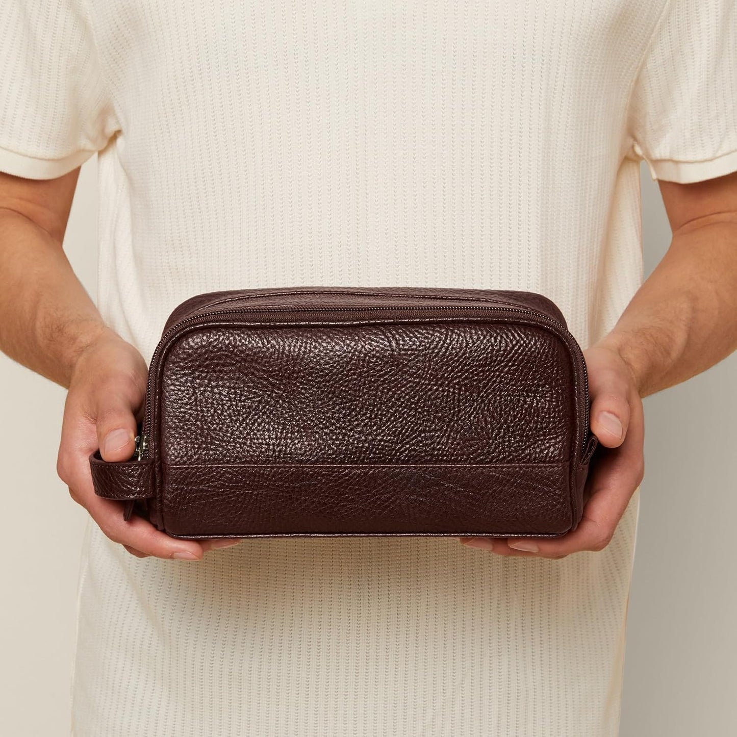 Leatherology Premium Espresso Leather Toiletry Bag – Small Double Zip Dopp Kit – Full Grain Leather Travel Organizer with Water-Resistant Lining – Compact Grooming Bag for Men or Women