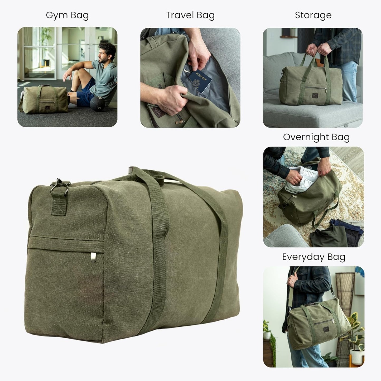 Canvas Duffle Bag – Multipurpose Bag for Travel, Gym, Weekender, Carry On & More – Durable, Spacious, Unisex Overnight Bag for Men & Women – Perfect for Sports, and Everyday Use (Green)