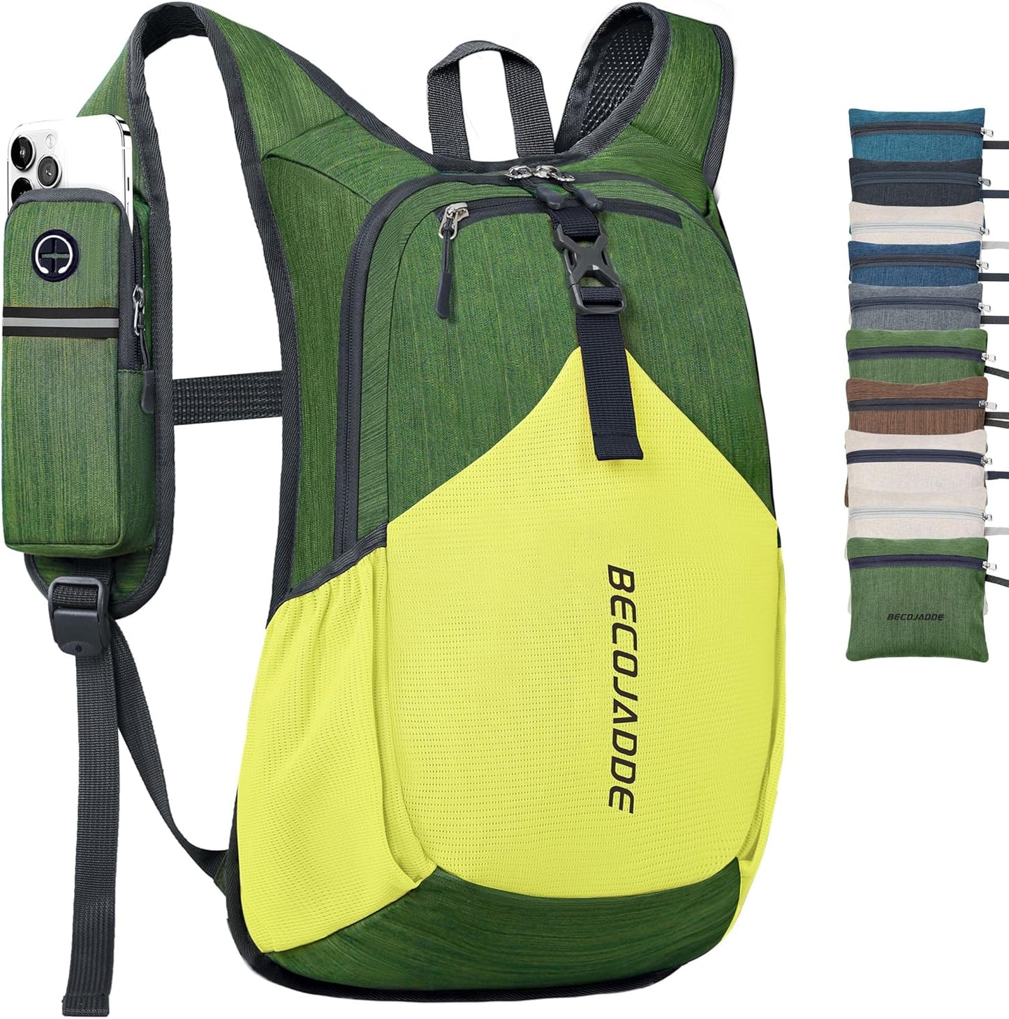 15L Small Hiking Backpack for Men Women Foldable Packable Back Pack Ultralight Hiking Daypack for Travel Camping Outdoor, Olive Green Yellow