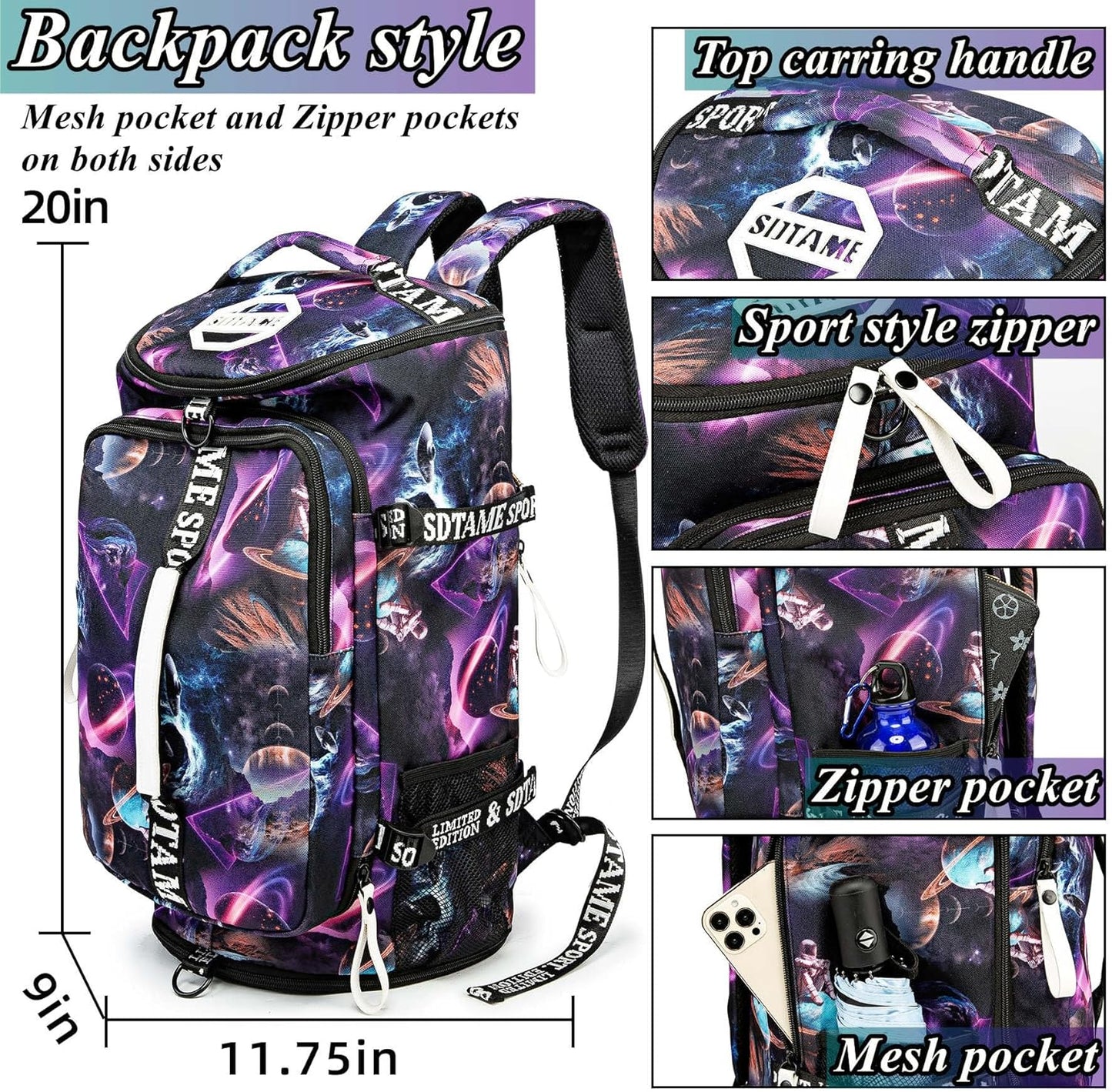 Gym Duffle Bag Backpack with Shoe Compartment,4 ways Travel Backpack for Women and Men,Multi-Functional Weekender bag with Waterproof Layer&Laptop Compartment for Fitness, Travel,Camping