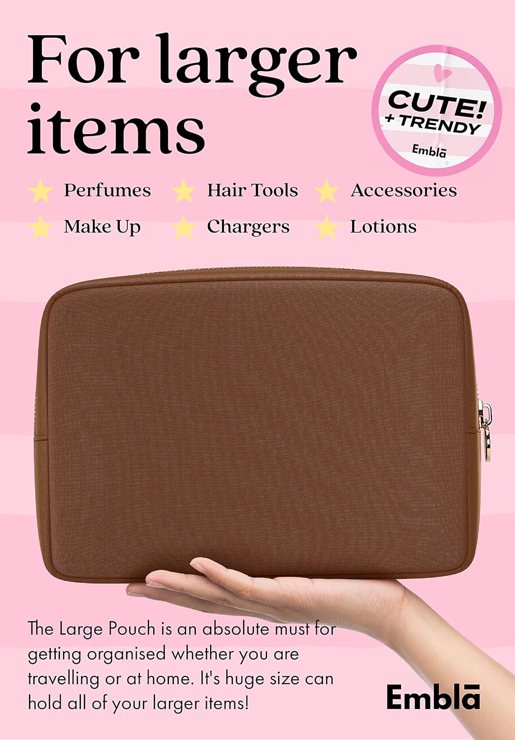 Embla Makeup Bag Travel Cosmetics Pouch and Toiletry Bag, Nylon Zipper Pouch Purse, Cute Make Up Organizer Storage Tote for Women Girls, Waterproof Travel Skincare Case, Large Makeup Bags, Chocolate