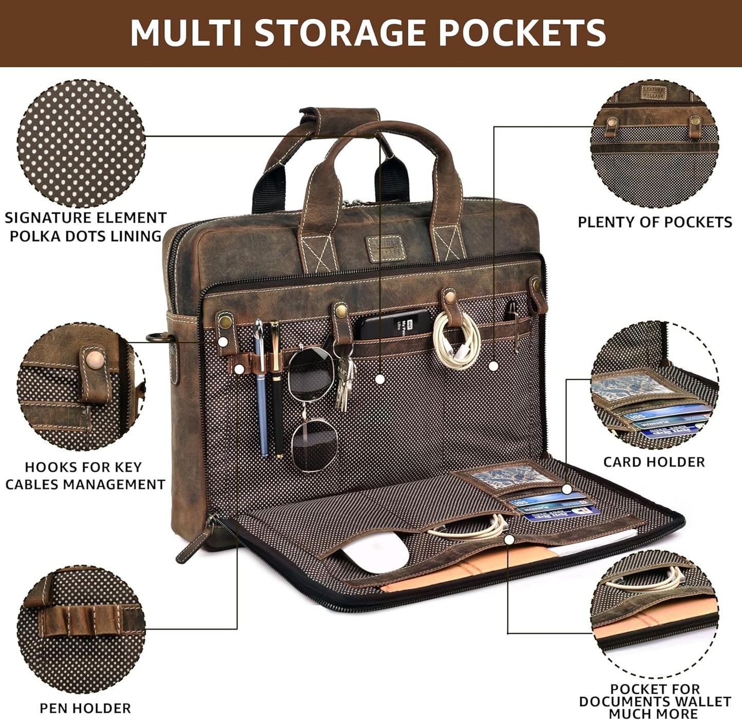 LEATHER VILLAGE 16" Leather Laptop Messenger Briefcase Bag for Men-Leather Satchel for Travel and Office Shoulder Bag- Rustic Brown