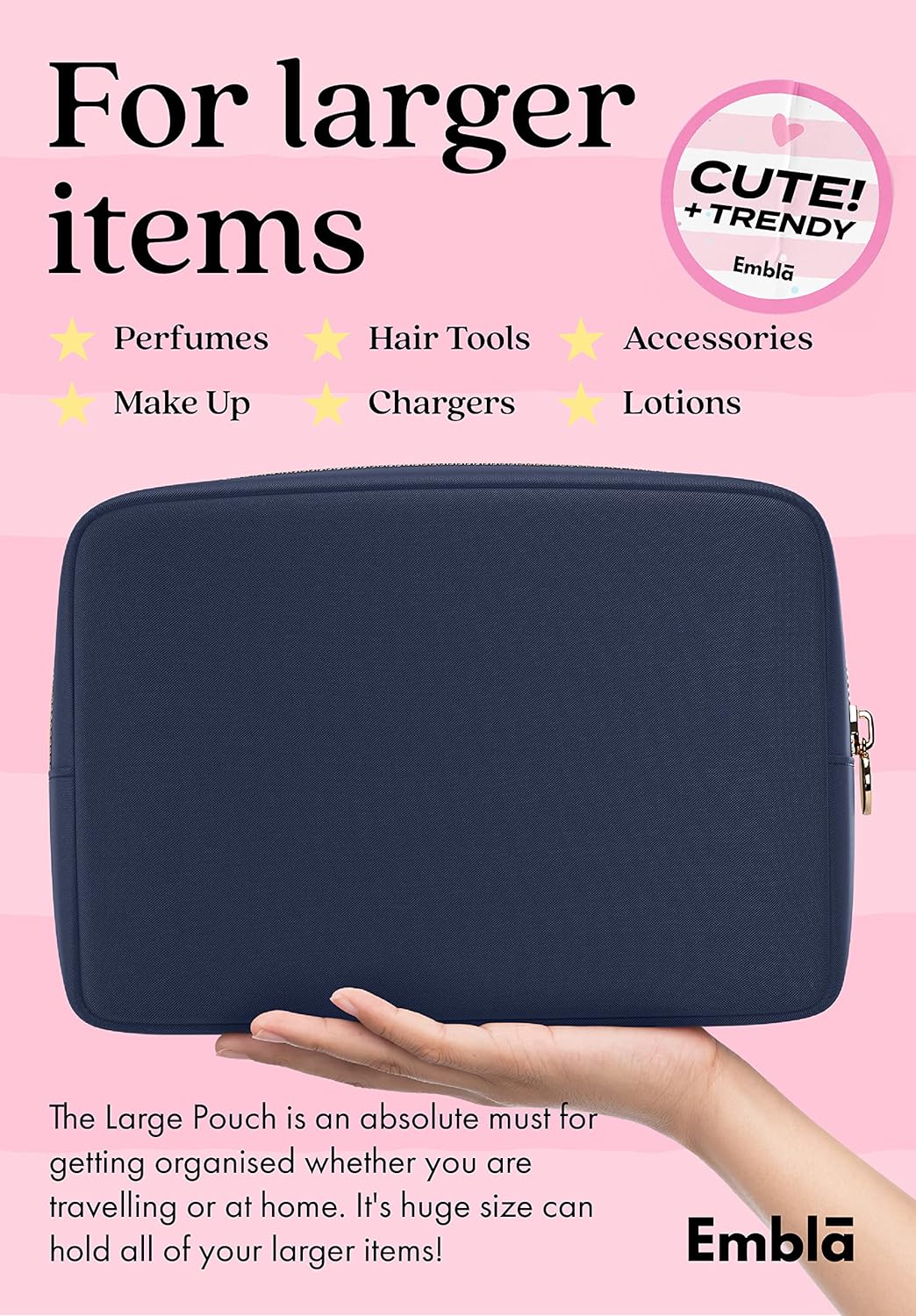 Embla Makeup Bag Travel Cosmetics Pouch and Toiletry Bag, Nylon Zipper Pouch Purse, Cute Make Up Organizer Storage Tote for Women Girls, Travel Skincare Case, Large Makeup Bags, Sapphire