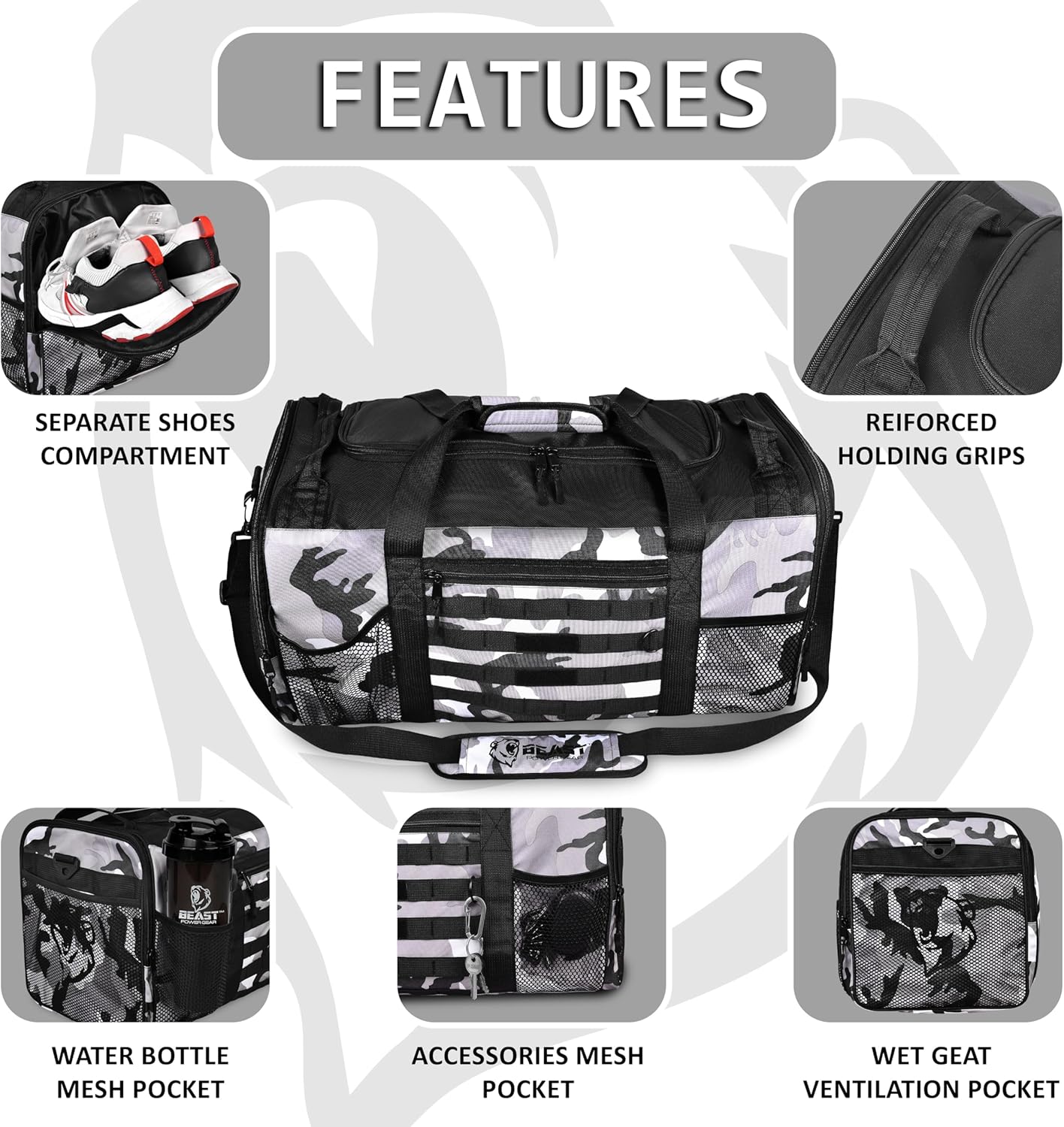 Unisex Duffel Bag Gray Camo, Extra Roomy Waterproof Gym Bag For Women with Shoe Compartment, Sports Bag with Zippered Pockets, Adjustable Strap