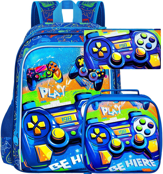 16" Gamer Backpack for Boy, 3Pcs Gaming Kids Bookbag for Elementary Preschool Kindergarten, School Backpacks with Lunch Box(Blue)