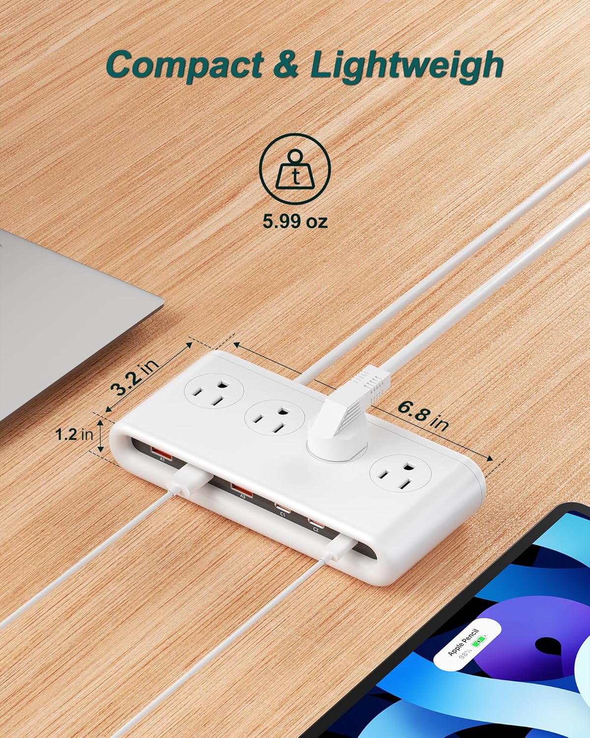 10 in 1 Flat Plug Power Strip with USB C, PD20W Fast Charging Station with 4 Outlets and 6 USB Port（3 Type C+3 USB A, 5ft Extension Cord, Non Surge Protector for Travel (White)