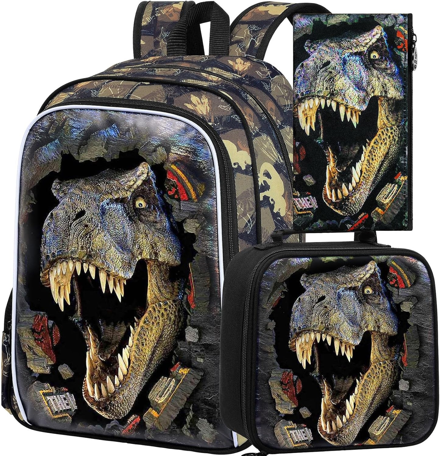 16" Boys Backpack, Dinosaur Kids Bookbag with Lunch Box, 3Pcs Dino School Backpacks for Elementary Preschool Kindergarten (Black)