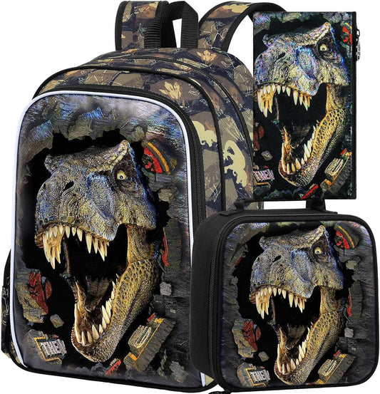 16" Boys Backpack, Dinosaur Kids Bookbag with Lunch Box, 3Pcs Dino School Backpacks for Elementary Preschool Kindergarten (Black)