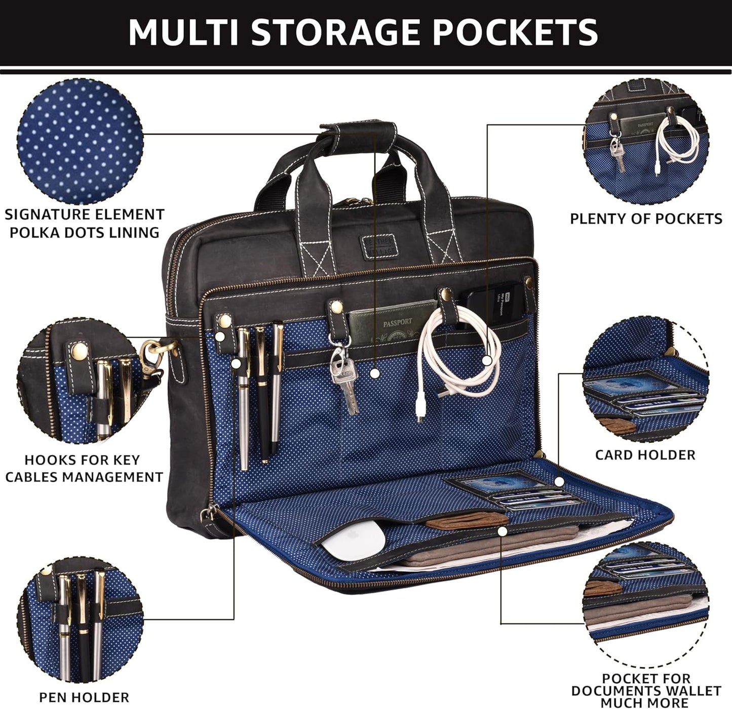 LEATHER VILLAGE 16" Leather Laptop Messenger Briefcase Bag for Men-Leather Satchel for Travel and Office Shoulder Bag-Black