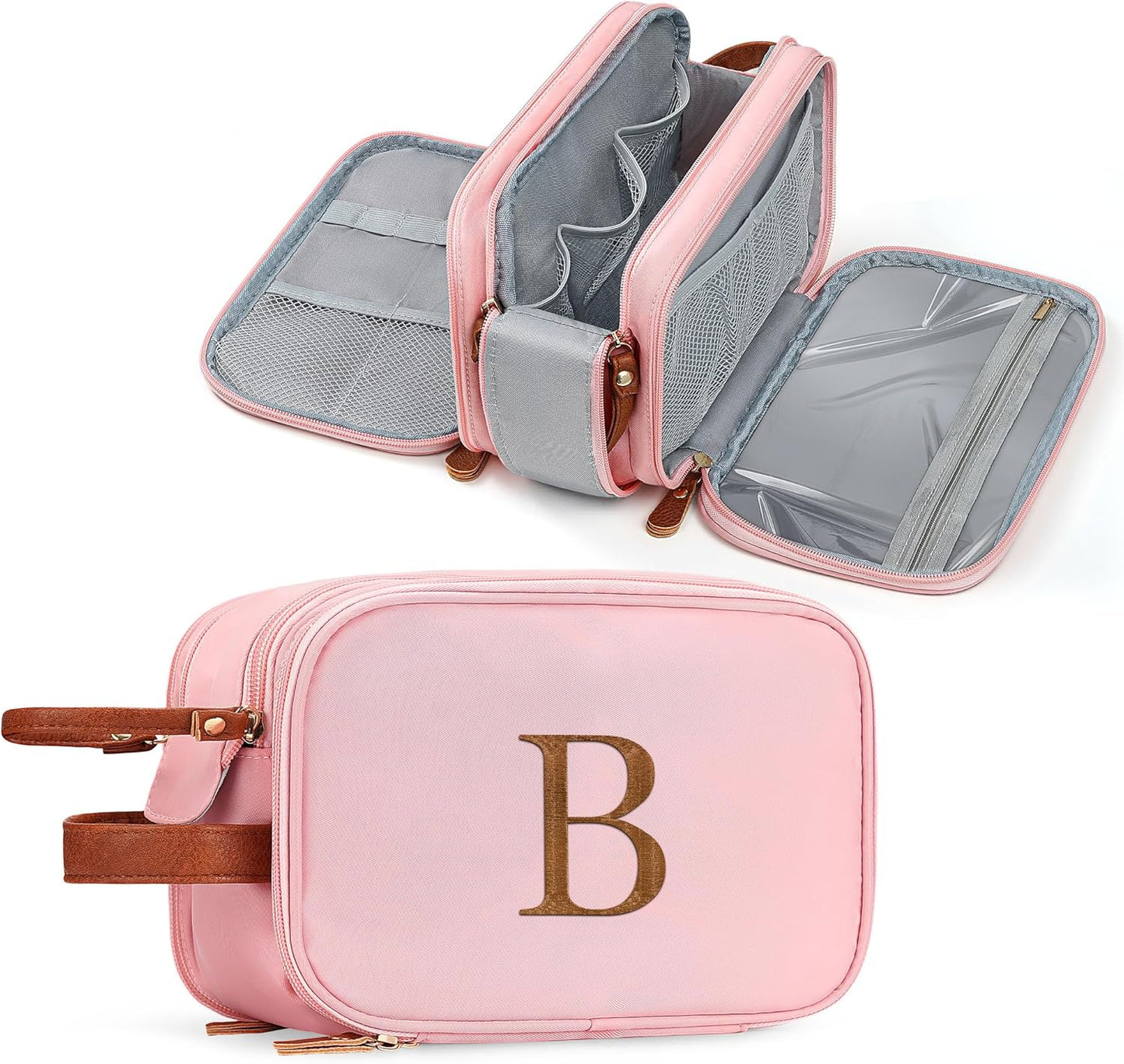 YOOLIFE Travel Toiletry Bag - Birthday Gifts for Women Pink Makeup Bag Dopp Kit Travel Essentials for Women, Mom Sister Friend Birthday Gifts for Her Cosmetic Bags Letter B Pink