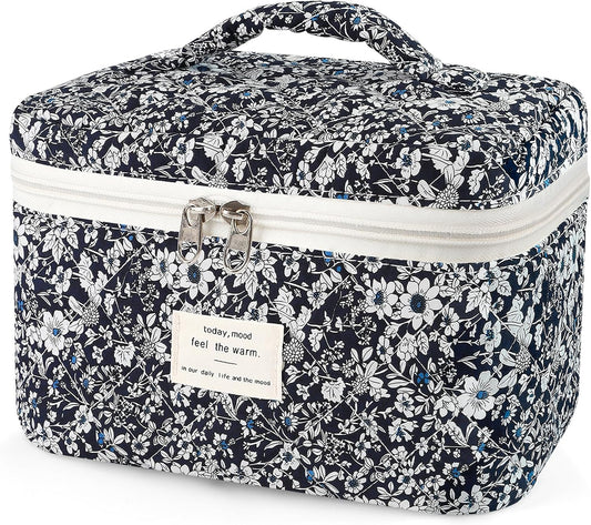 Large Travel Quilted Makeup Bag for Women, Floral Cotton Cosmetic Bag Cute Coquette Aesthetic Floral Toiletry Organizer Bag for Girls Little Black Rose Cosmetic Zipper Storage Bag