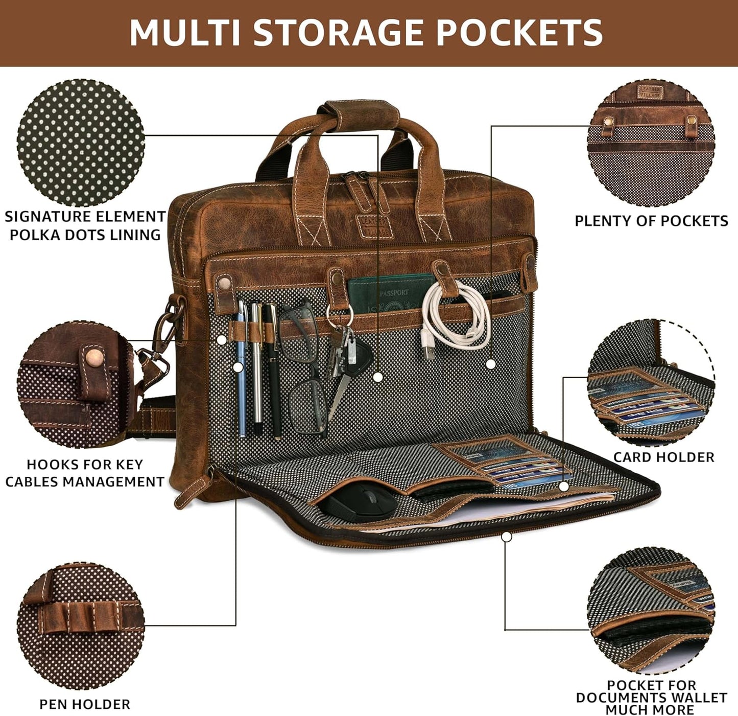 LEATHER VILLAGE 18" Leather Laptop Messenger Briefcase Bag for Men-Leather Satchel for Travel and Office Shoulder Bag- Sun Tan Brown