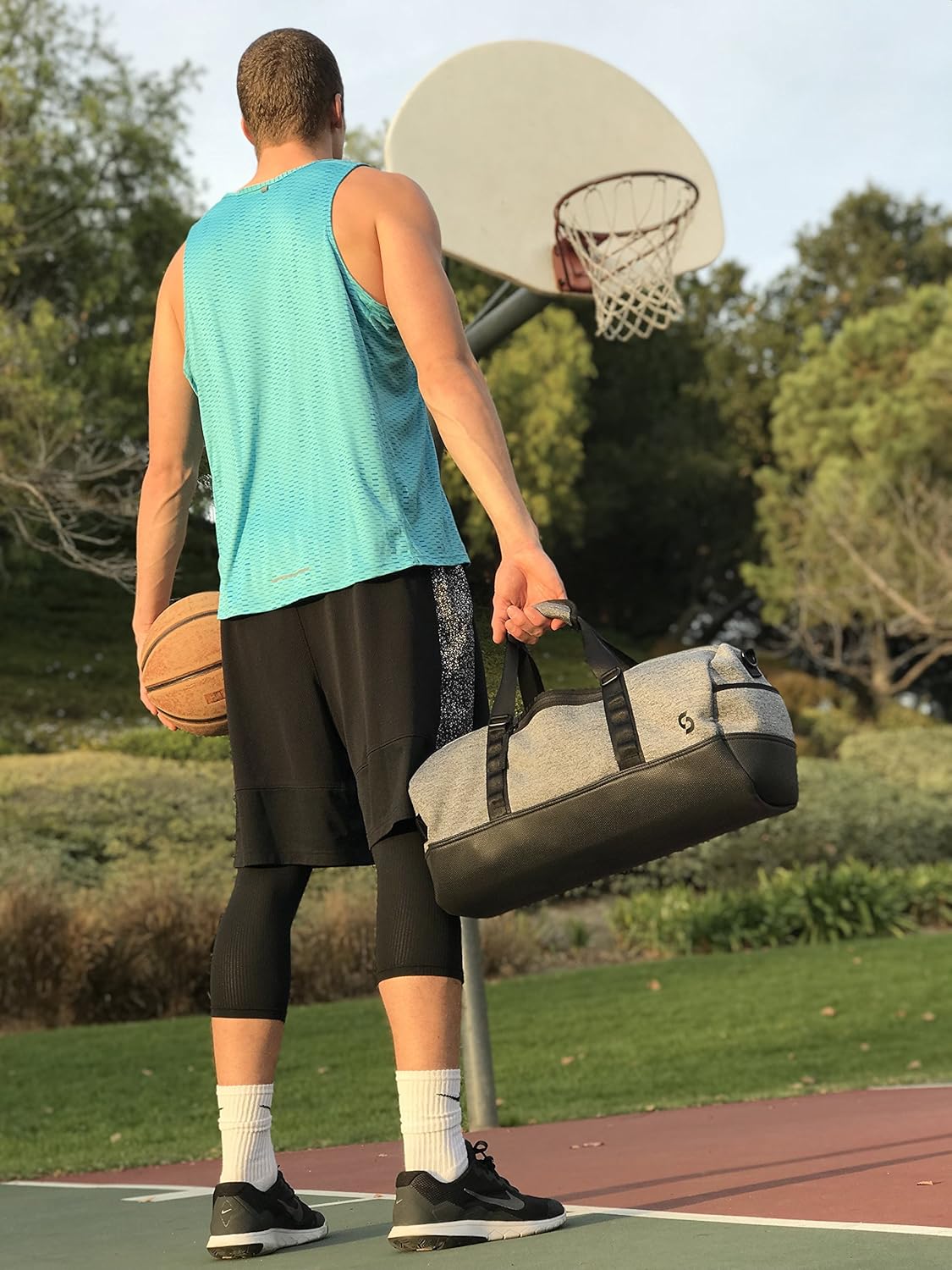 Smassy Durable Neoprene Gym Bag with Vegan Leather Bottom - Large Sports Duffel with Adjustable Shoulder Strap and Multiple Pockets