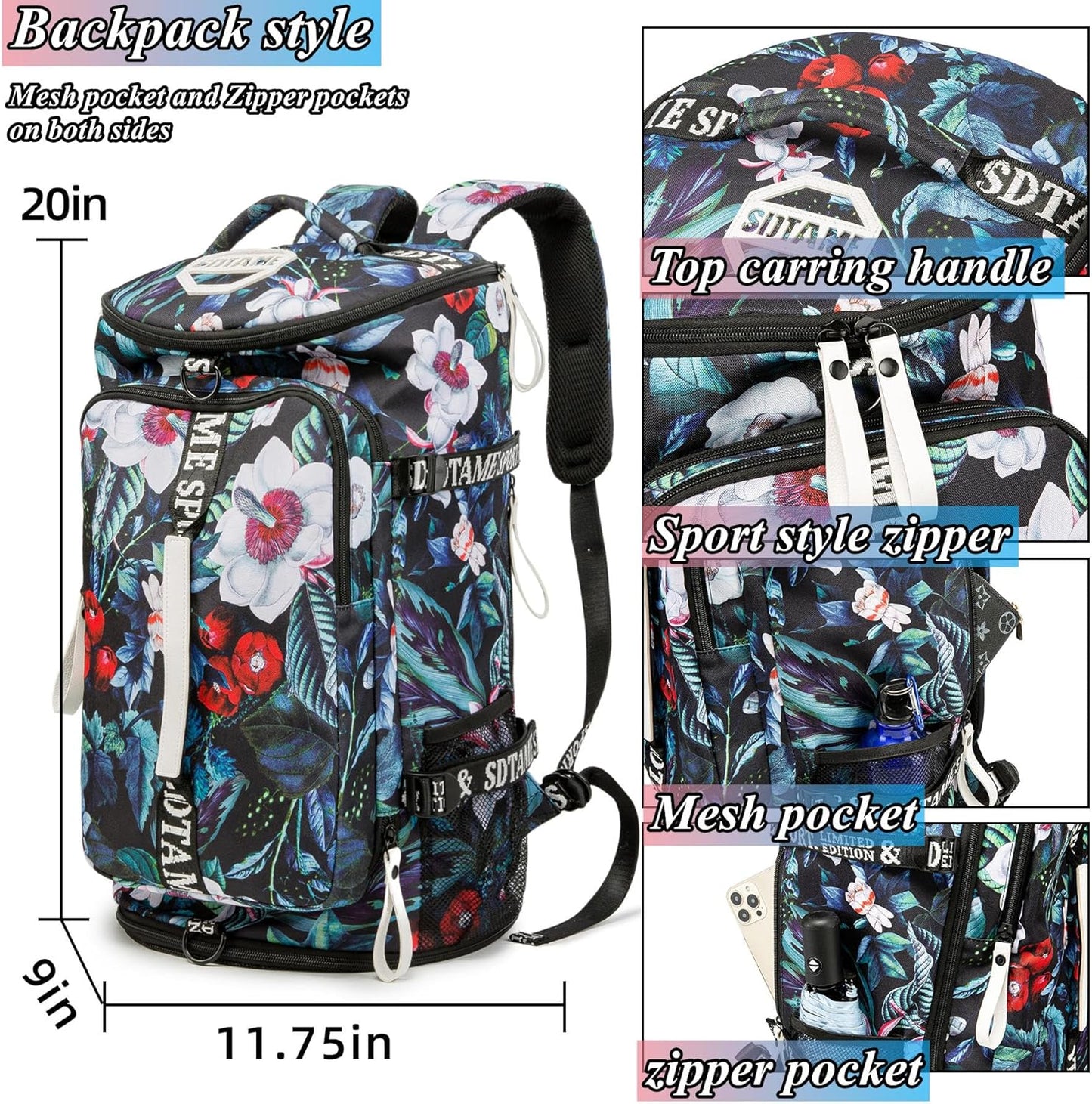 Gym Duffle Bag Backpack with Shoe Compartment,4 ways Travel Backpack for Women and Men,Multi-Functional Weekender bag with Waterproof Layer&Laptop Compartment for Fitness, Travel,Camping