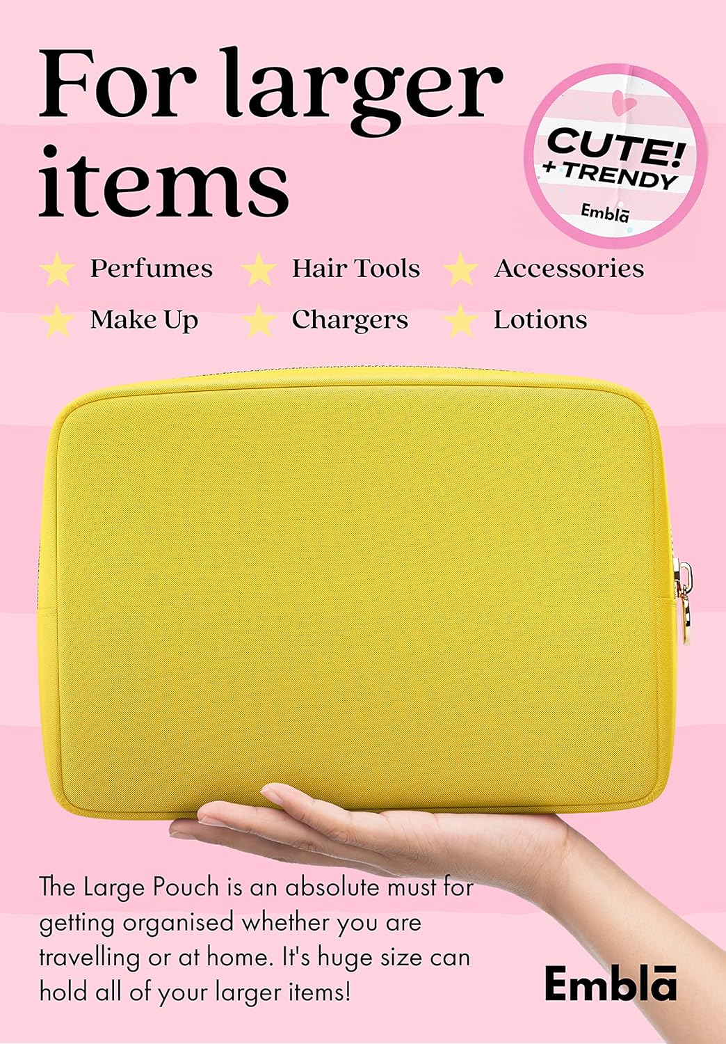 Embla Makeup Bag Travel Cosmetics Pouch and Toiletry Bag, Nylon Zipper Pouch Purse, Cute Make Up Organizer Storage Tote for Women Girls, Waterproof Travel Skincare Case, Large Makeup Bags, Lemon