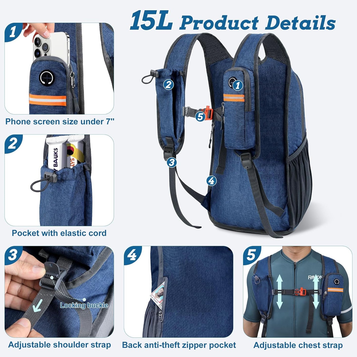 15L Small Hiking Backpack for Men Women Foldable Packable Back Pack Ultralight Hiking Daypack for Travel Camping Outdoor, Navy Blue