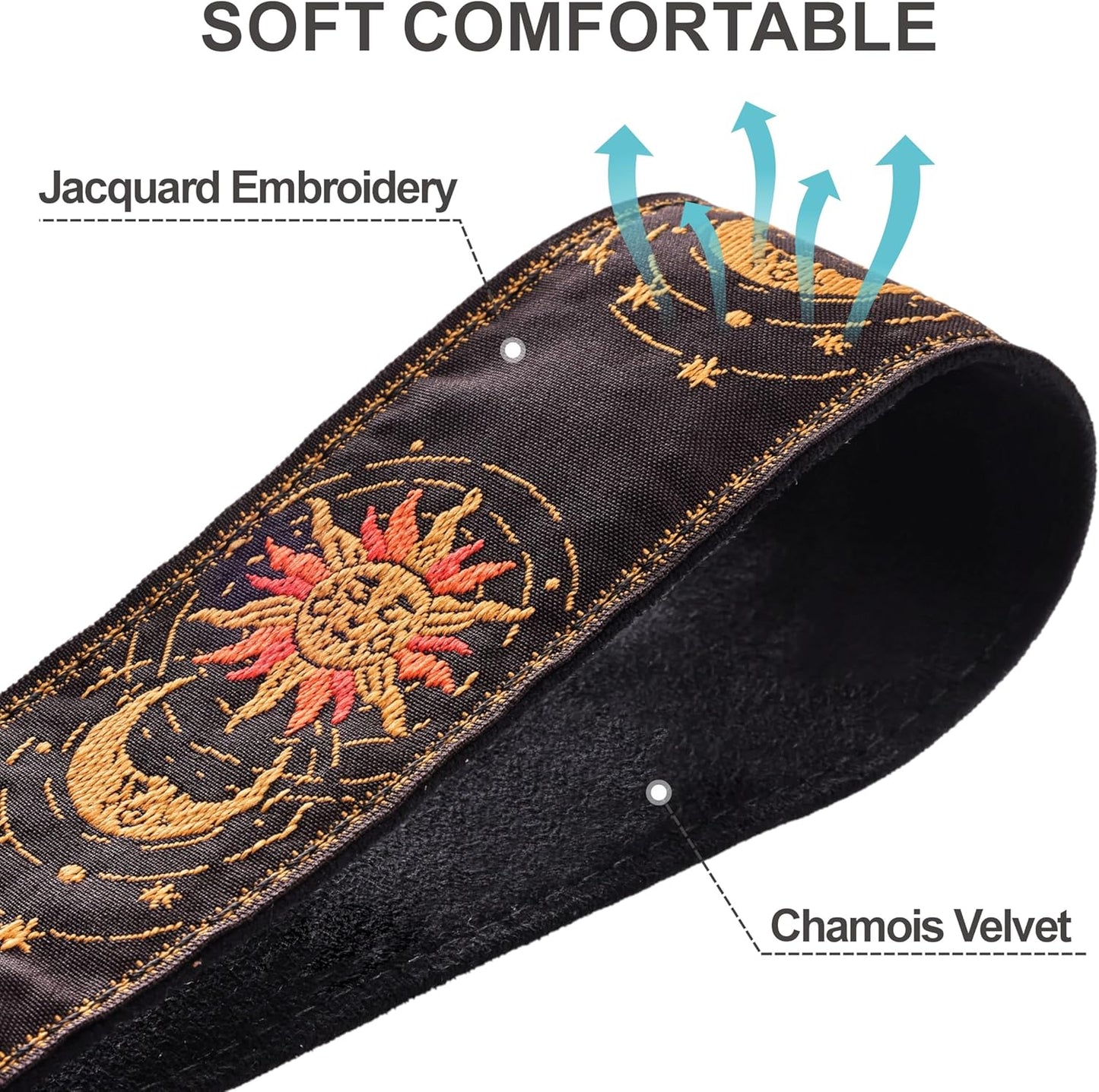 Padwa Lifestyle Helios Moon God Camera Strap -2" Full Grain Leather Ends Camera Straps for Photographers, Vintage Embroidered Cotton Weave Soft Suede Fabric Padded Strap Quick Release fits All Cameras