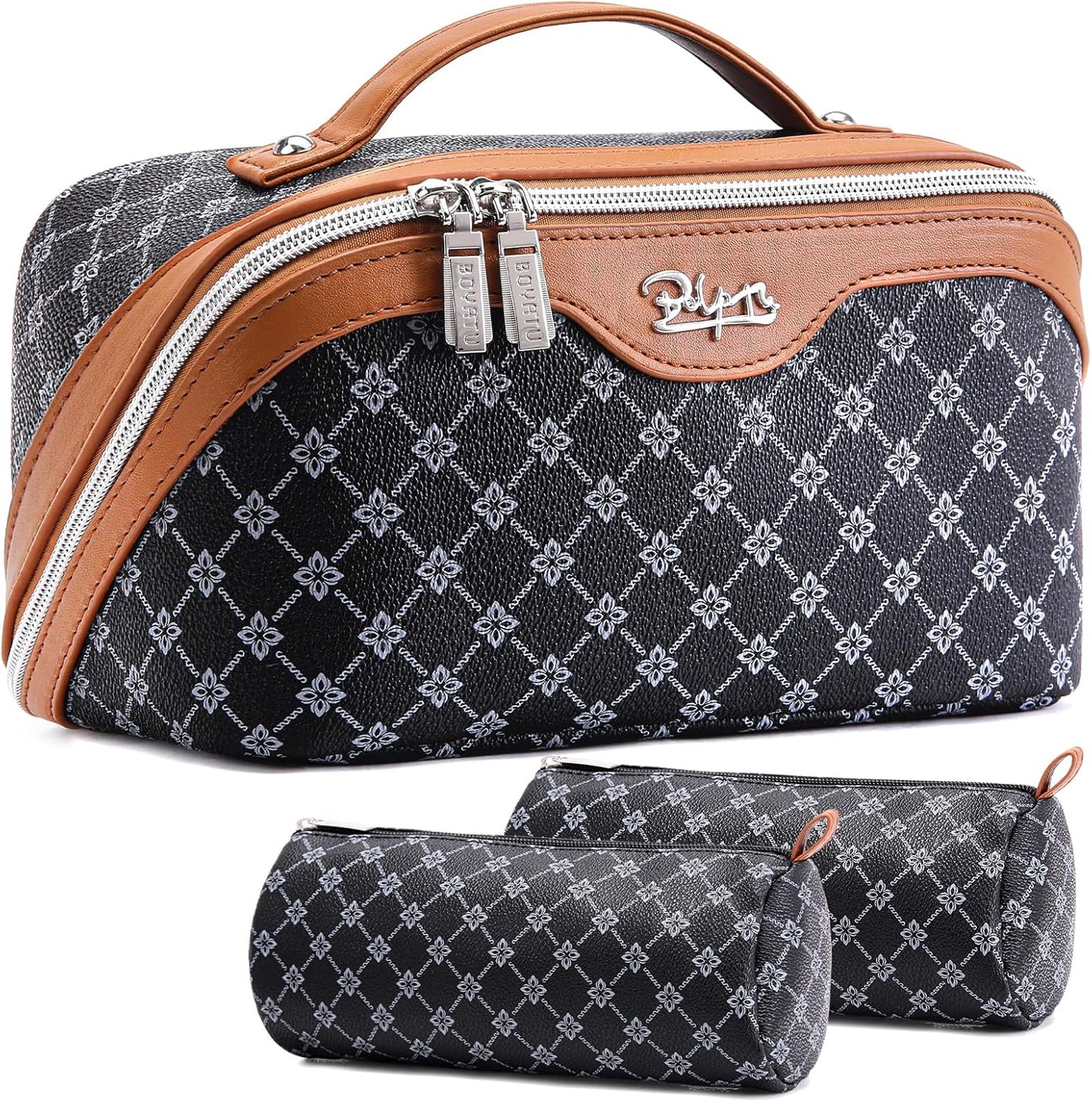 BOYATU Travel Makeup Bag Cosmetic Bags for Women: 3 Pcs Set Large Portable Make up Bag with Handle - Vegan Leather Toiletry Bags with Compartments - Makeup Organizer for Travel Essentials(A-4-Black)