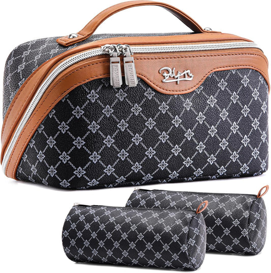 BOYATU Travel Makeup Bag Cosmetic Bags for Women: 3 Pcs Set Large Portable Make up Bag with Handle - Vegan Leather Toiletry Bags with Compartments - Makeup Organizer for Travel Essentials(A-4-Black)