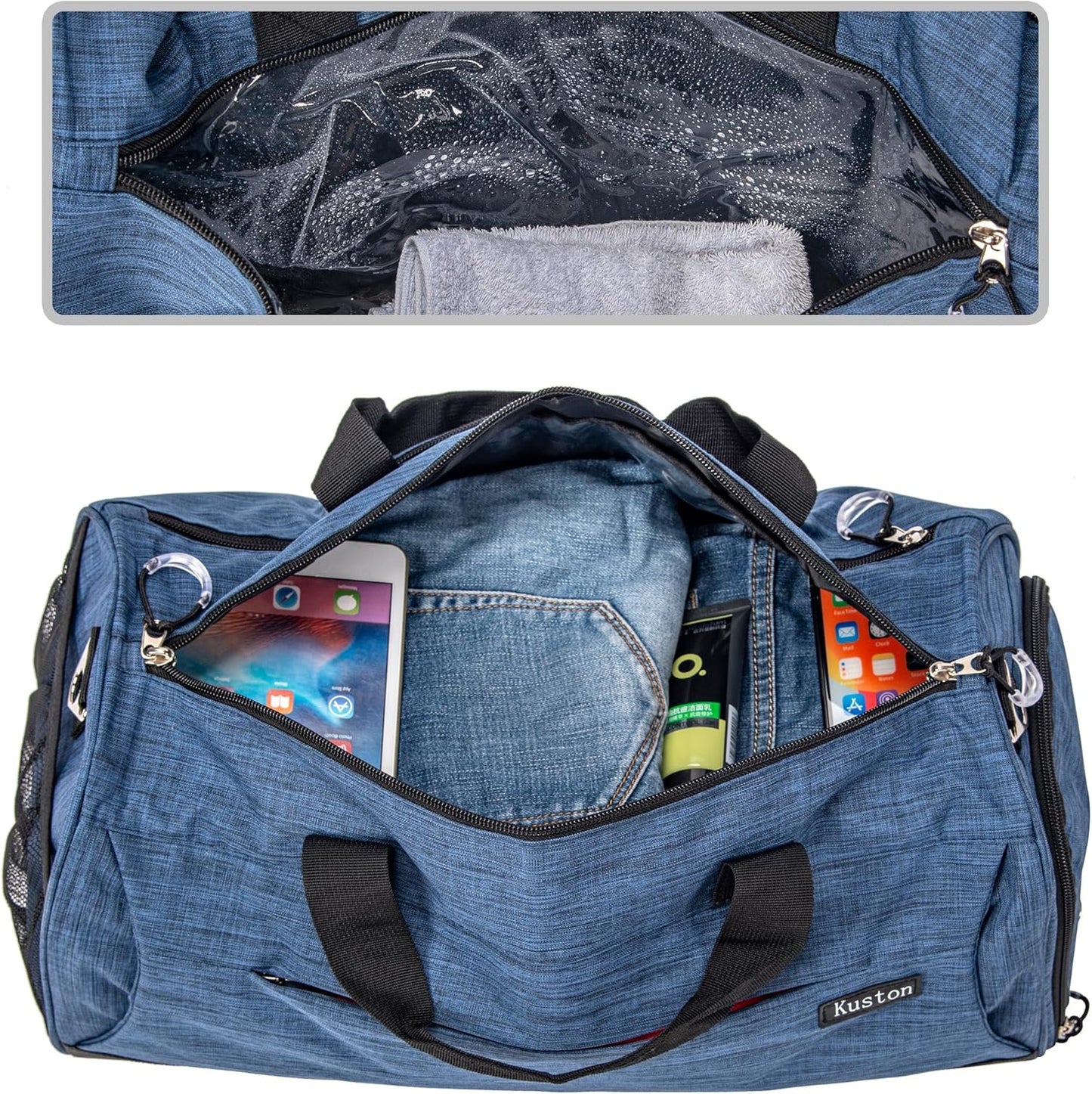 Kuston Sports Gym Bag with Shoes Compartment, Trolley Sleeve and Wet Pocket Gym Duffel Bag Overnight Bag-Upgraded