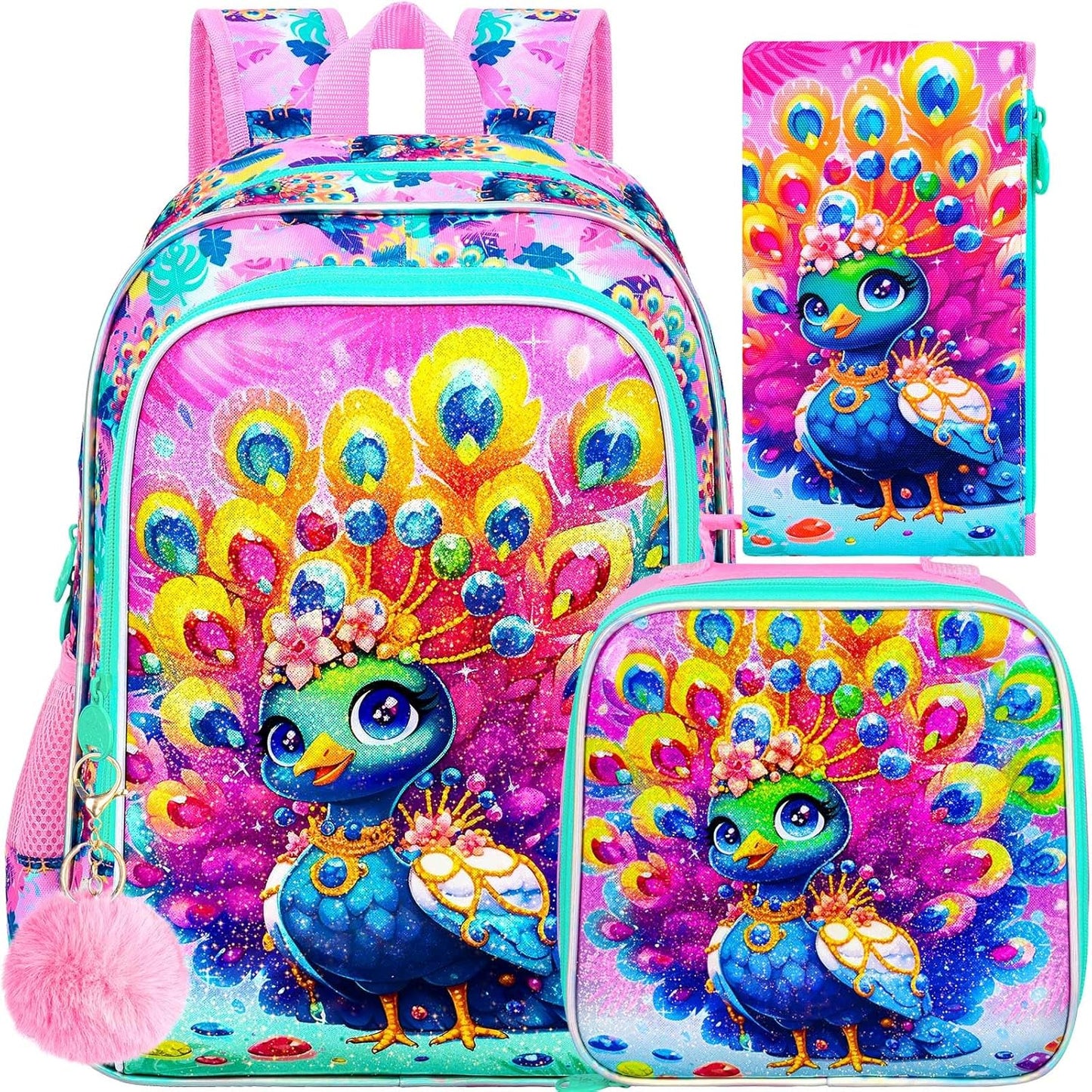 16" Backpack for Girls, 3Pcs Peacock Kids Bookbag for Elementary Preschool Kindergarten, School Backpacks with Lunch Box(Pink)