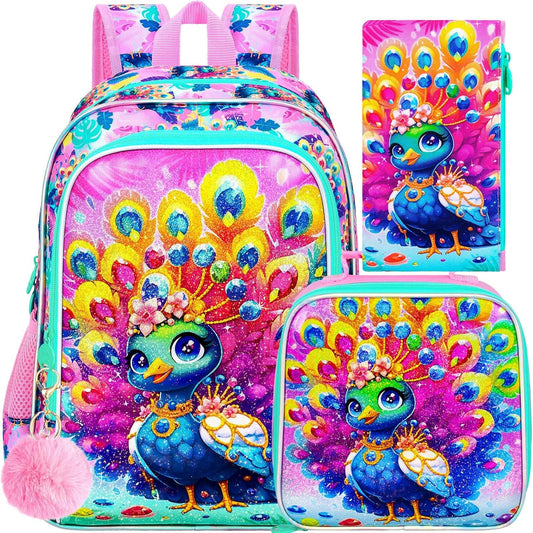 16" Backpack for Girls, 3Pcs Peacock Kids Bookbag for Elementary Preschool Kindergarten, School Backpacks with Lunch Box(Pink)