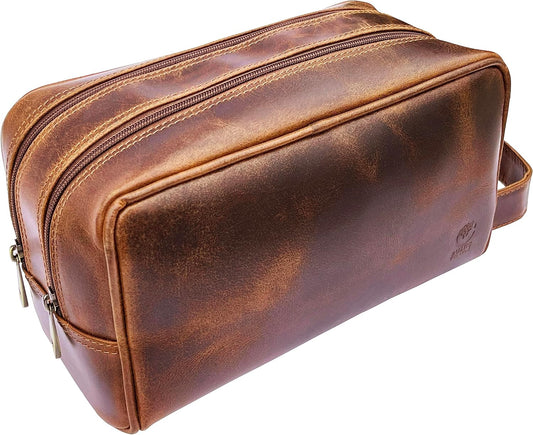 RUSTIC TOWN Leather Toiletry Bag for Men - Travel Shaving Ditty Kit - Bathroom Shower Toiletries Organizer - Leather Cosmetic Bag for Women (Antique Brown)