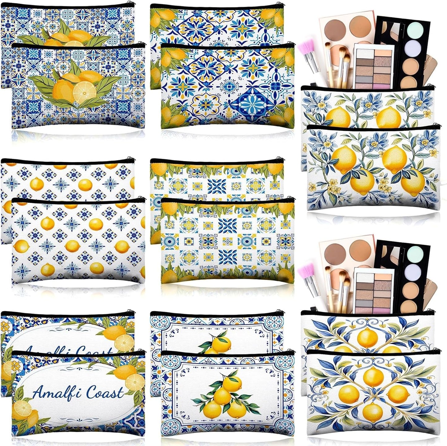 16 Pcs Lemon Cosmetic Bags Bulk for Women Lemon Canvas Makeup Bags Blue Tiles Zipper Pouches Italian Summer Fruit Travel Toiletry Bag Souvenir Gift for Bridesmaids Bachelorette Wedding Supplies