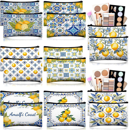 16 Pcs Lemon Cosmetic Bags Bulk for Women Lemon Canvas Makeup Bags Blue Tiles Zipper Pouches Italian Summer Fruit Travel Toiletry Bag Souvenir Gift for Bridesmaids Bachelorette Wedding Supplies