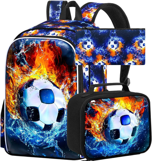 17" Soccer Backpack for Boys, Kids Bookbag with Lunch Box, 3Pcs Football School Backpacks for Elementary Preschool Kindergarten (Fire and Ice)