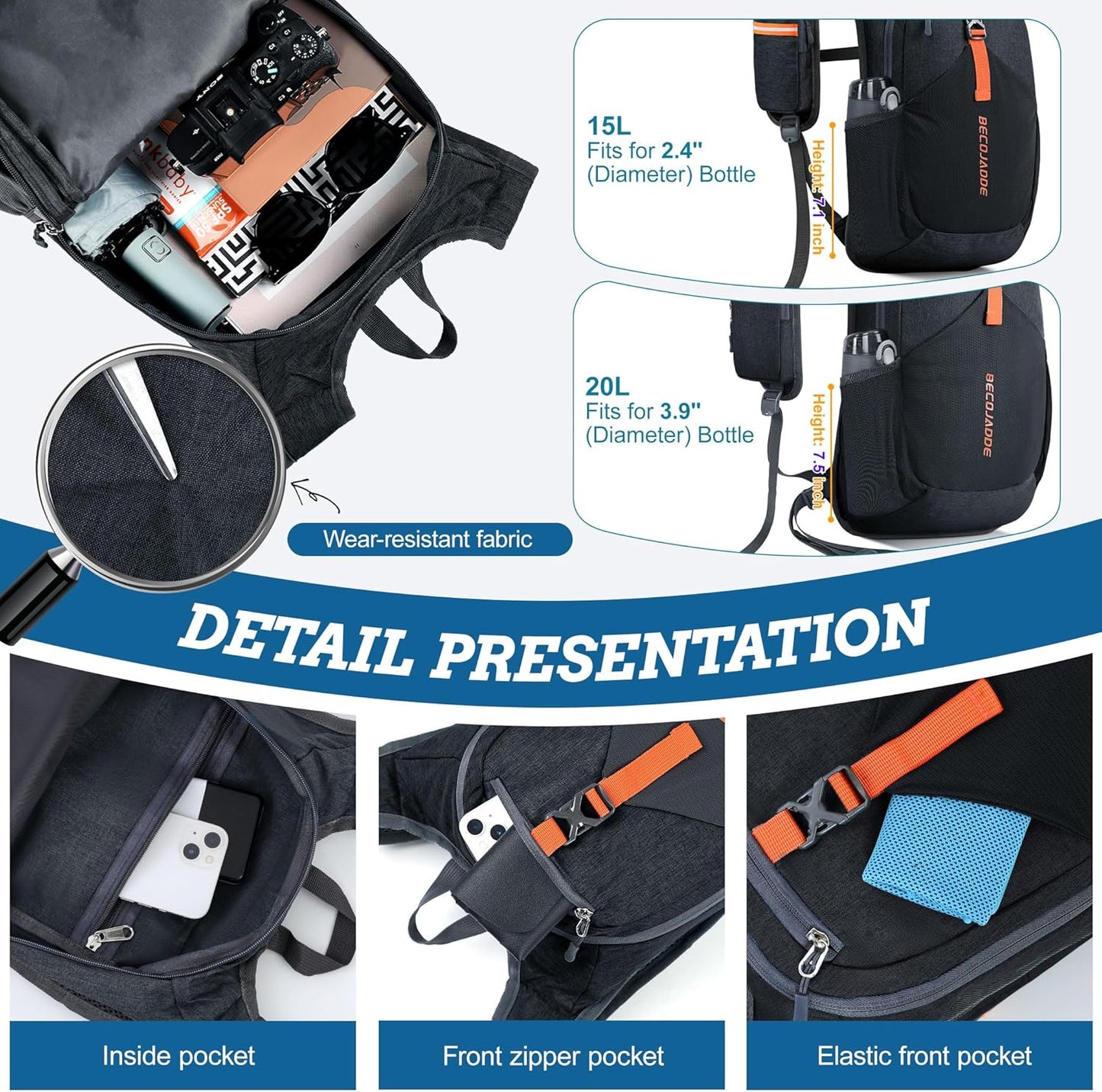 15L Small Hiking Backpack for Men Women Foldable Packable Back Pack Ultralight Hiking Daypack for Travel Camping Outdoor, Black