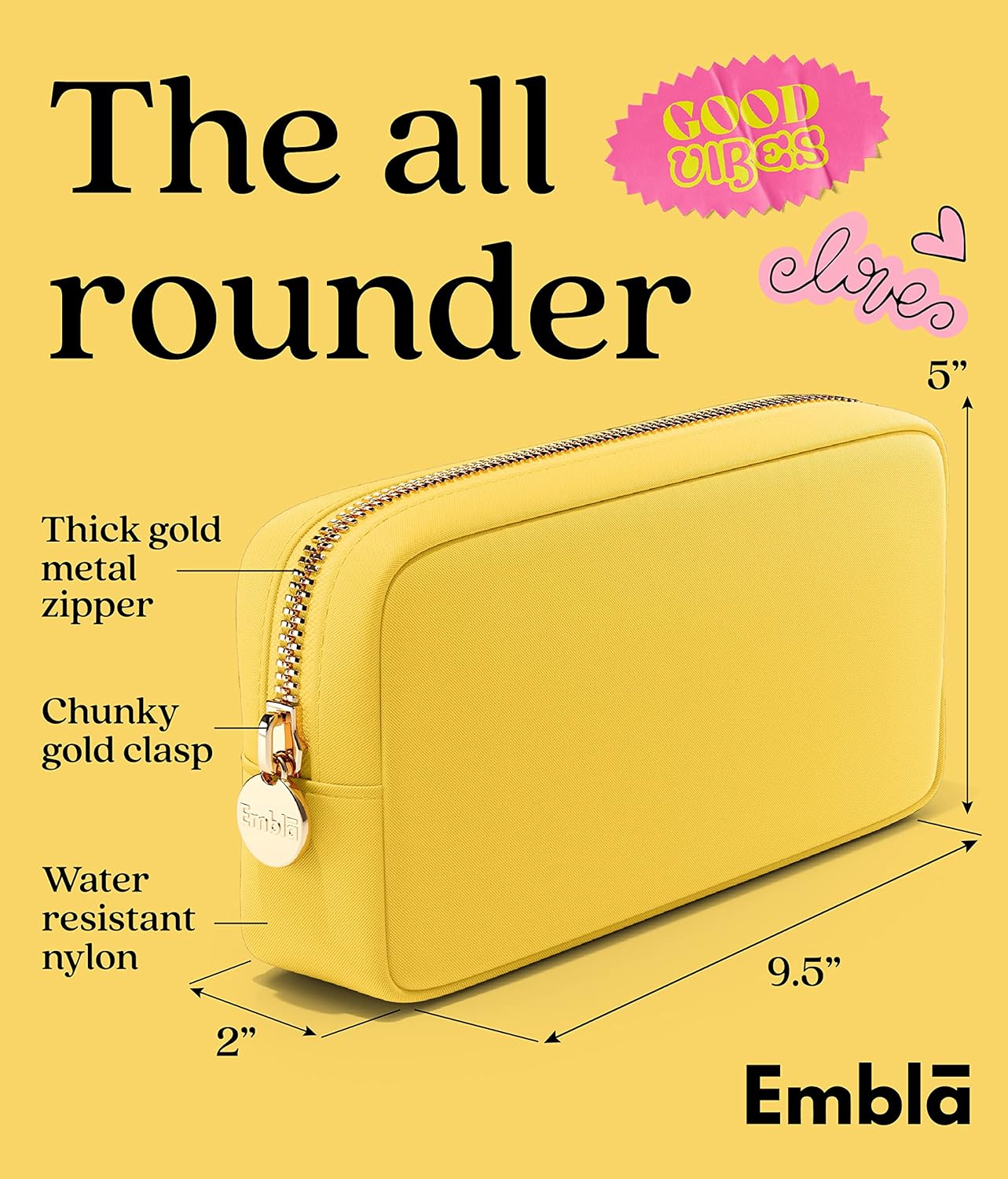 Embla Makeup Bag Travel Cosmetics Pouch and Toiletry Bag, Nylon Zipper Pouch Purse, Cute Make Up Organizer Storage Tote for Women Girls, Waterproof Travel Skincare Case, Small Makeup Bags, Lemon