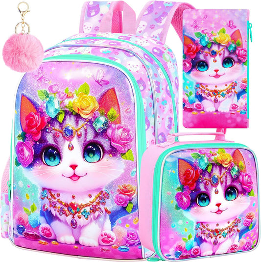 16" Cat Backpack for School, Girls Kids Bookbag with Lunch Box，3Pcs Backpacks for Elementary Preschool Kindergarten (Pink)