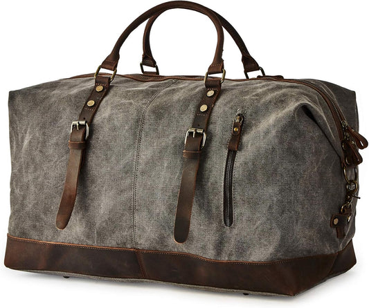Oversized Canvas Genuine Leather Trim Travel Tote Duffel Shoulder Weekend Bag Weekender Overnight Carryon Handbag