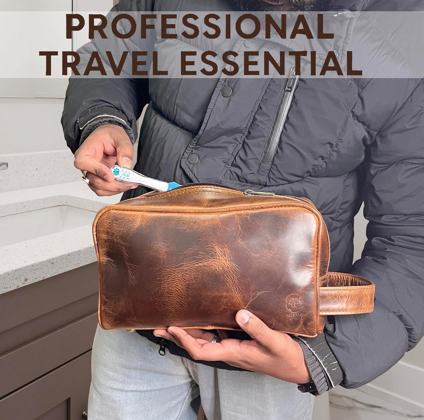 RUSTIC TOWN Leather Toiletry Bag for Men - Travel Shaving Ditty Kit - Bathroom Shower Toiletries Organizer - Leather Cosmetic Bag for Women (Antique Brown)