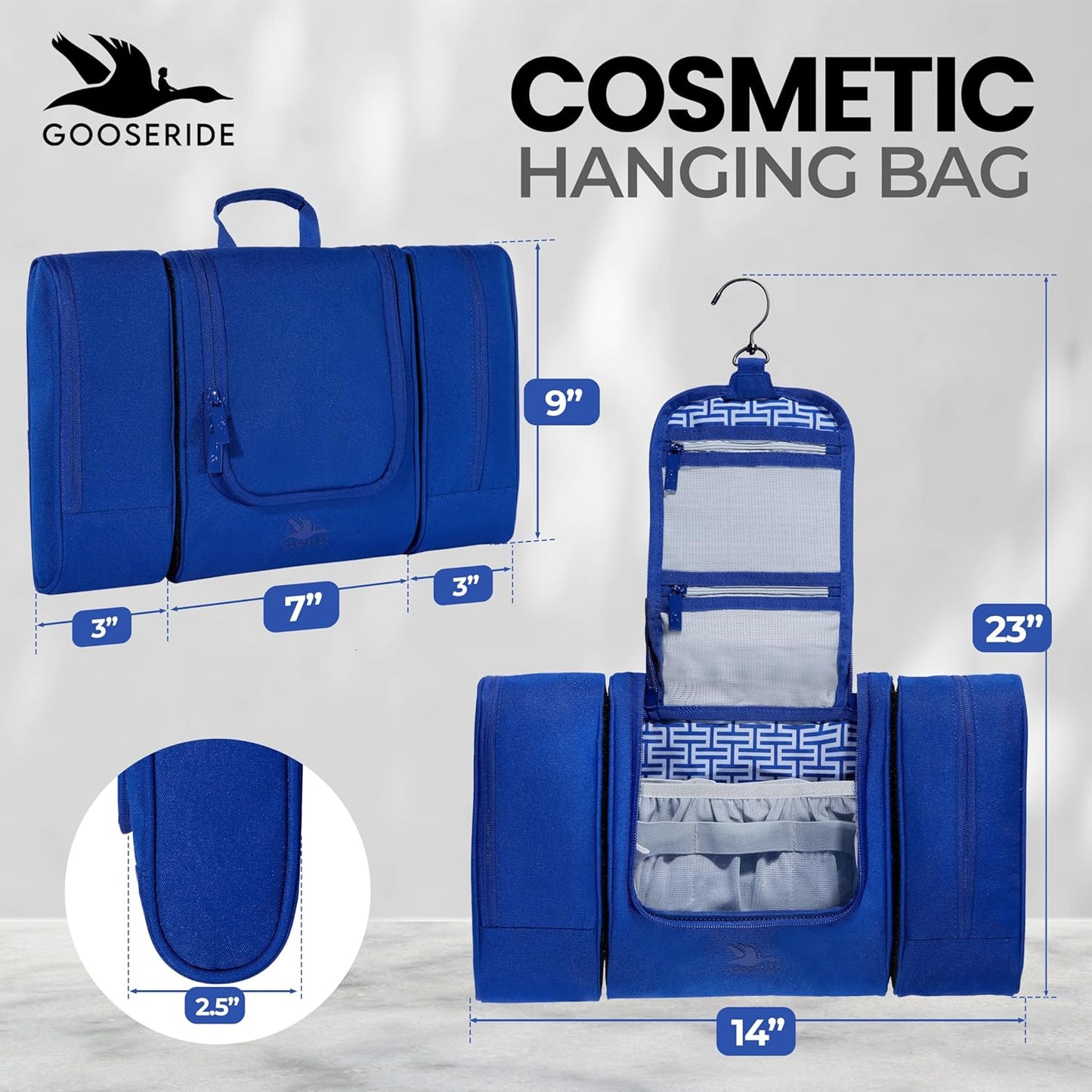 Travel Toiletry Bag for Women and Men - Hanging Cosmetic Travel Bag w/ 3 Detachable Organizer, Durable Hygiene Bag, Hanging Toiletry Bag Men or Makeup Case for Skincare - Royal Blue