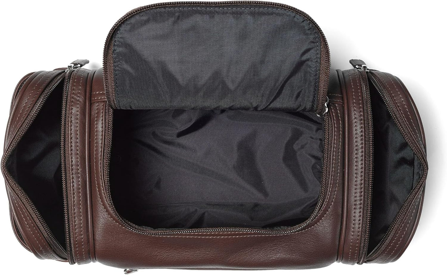 Leatherology Brown Multi Pocket Toiletry Bag - Main top zippered compartment with additional side and front zippered pockets