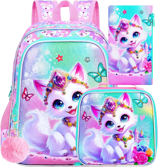 16" Fox Backpack for Girls, 3Pcs Kids Bookbag for Elementary Preschool Kindergarten, School Backpacks with Lunch Box(Pink)